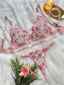 Sweetness Style Dream Sexy Lingerie Set, Pink Floral Embroidery Padded Push-Up Breathable Bra & Panty 2-Piece, Romantic Intimate Wear For Valentine's Day - Pink - View 7
