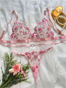 Sweetness Style Dream Sexy Lingerie Set, Pink Floral Embroidery Padded Push-Up Breathable Bra & Panty 2-Piece, Romantic Intimate Wear For Valentine's Day - Pink - View 3