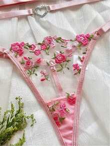 Sweetness Style Dream Sexy Lingerie Set, Pink Floral Embroidery Padded Push-Up Breathable Bra & Panty 2-Piece, Romantic Intimate Wear For Valentine's Day - Pink - View 5