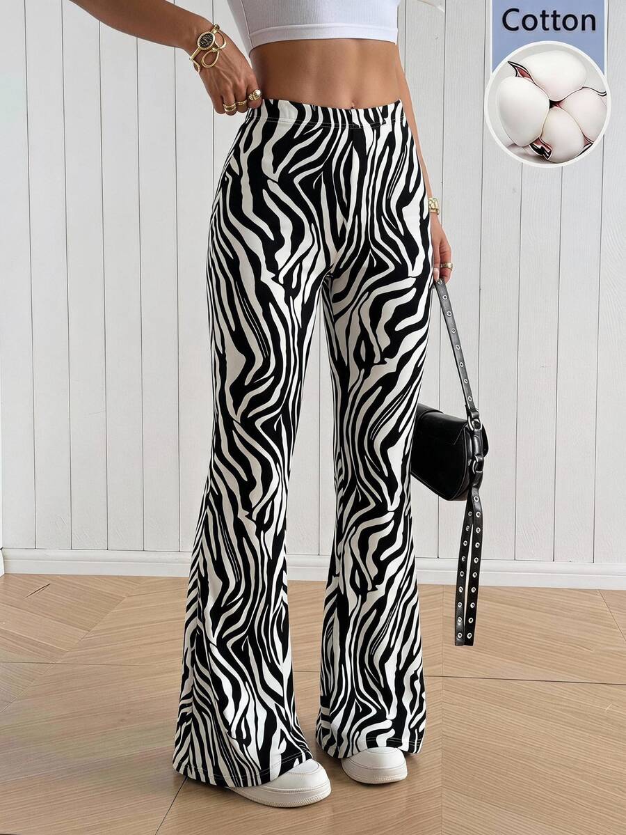 SHEIN EZwear 女款斑馬紋休閒性感日常穿著喇叭褲,黑白配色,適合度假與秋季 - 黑與白 - 查看 1