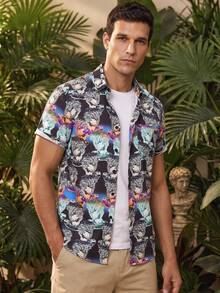 Manfinity RSRT Camisa De Manga Corta Para Hombre Con Personajes Impresos En Toda La Camisa - Multicolor - Ver 1