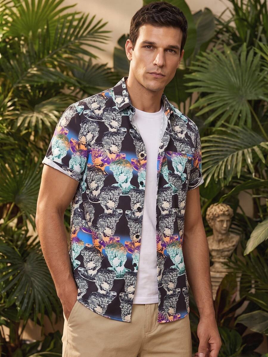 Manfinity RSRT Camisa De Manga Corta Para Hombre Con Personajes Impresos En Toda La Camisa - Multicolor - Ver 1