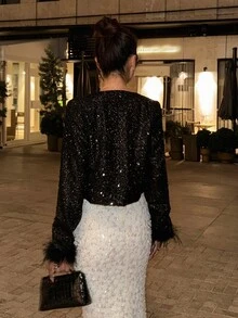DAZY Women's Regular Fit Black Sequin Shiny Short Luxury Party Dinner Night Evening Jacket, Fall/ Elegant Sexy - Black - View 6