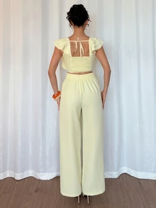 Rafferiza Women's Elegant Yellow Square Neck Puff Sleeve Top And Wide Leg Pants 2 Pieces Suit Set, Summer - Yellow - View 5