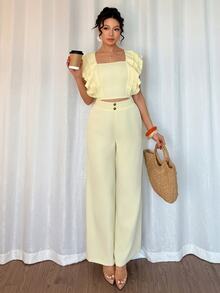 Rafferiza Women's Elegant Yellow Square Neck Puff Sleeve Top And Wide Leg Pants 2 Pieces Suit Set, Summer - Yellow - View 8