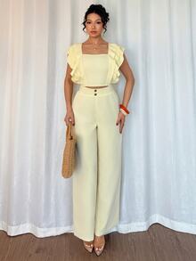 Rafferiza Women's Elegant Yellow Square Neck Puff Sleeve Top And Wide Leg Pants 2 Pieces Suit Set, Summer - Yellow - View 7