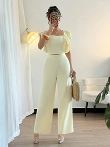 Rafferiza Women's Elegant Yellow Square Neck Puff Sleeve Top And Wide Leg Pants 2 Pieces Suit Set, Summer - Yellow - View 3