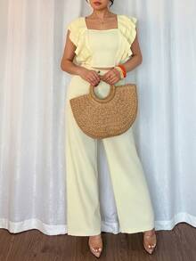 Rafferiza Women's Elegant Yellow Square Neck Puff Sleeve Top And Wide Leg Pants 2 Pieces Suit Set, Summer - Yellow - View 9