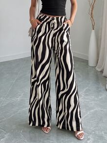 Rafferiza Women's Casual Wide Leg Pants With Herringbone Floral Pattern Elastic Waistband And Drawstring Fall Cloth For Women - Black and White - View 2