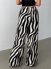 Rafferiza Women's Casual Wide Leg Pants With Herringbone Floral Pattern Elastic Waistband And Drawstring Fall Cloth For Women - Black and White - View 4