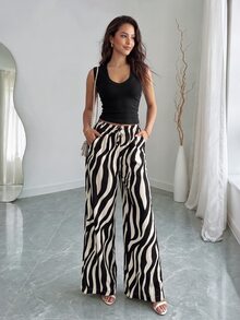 Rafferiza Women's Casual Wide Leg Pants With Herringbone Floral Pattern Elastic Waistband And Drawstring Fall Cloth For Women - Black and White - View 1