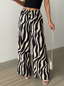 Rafferiza Women's Casual Wide Leg Pants With Herringbone Floral Pattern Elastic Waistband And Drawstring Fall Cloth For Women - Black and White - View 5