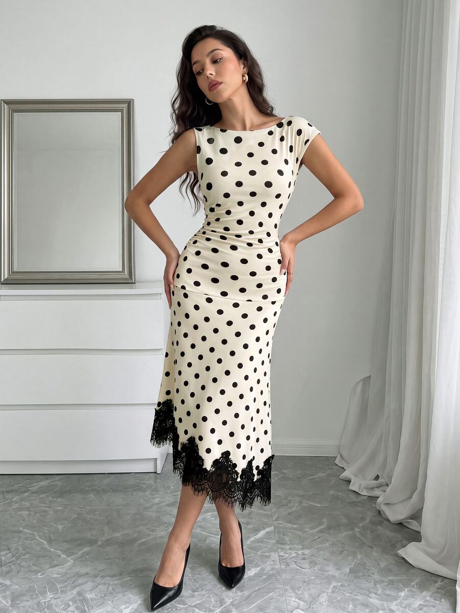 SHEIN Raffinéa 2026新款法式米色圓點印花洋裝,優雅女款夏季洋裝,腰部打褶黑色蕾絲飾邊中長洋裝,春夏秋冬四季皆宜,不對稱肩線與下擺設計,適合外穿、約會與商務穿著 - 杏色 - 查看 1