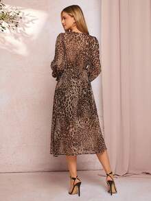 Amorya Women Elegant Leopard Print Chiffon Flowy Cinched Waist A-Line Lantern Sleeve Dress,Brown Autumn Vintage Tea Party Modest Wedding Guest Outfits - Multicolor - View 2