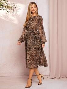 Amorya Women Elegant Leopard Print Chiffon Flowy Cinched Waist A-Line Lantern Sleeve Dress,Brown Autumn Vintage Tea Party Modest Wedding Guest Outfits - Multicolor - View 6