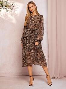 Amorya Women Elegant Leopard Print Chiffon Flowy Cinched Waist A-Line Lantern Sleeve Dress,Brown Autumn Vintage Tea Party Modest Wedding Guest Outfits - Multicolor - View 5