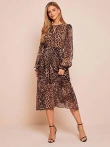 Amorya Women Elegant Leopard Print Chiffon Flowy Cinched Waist A-Line Lantern Sleeve Dress,Brown Autumn Vintage Tea Party Modest Wedding Guest Outfits - Multicolor - View 1
