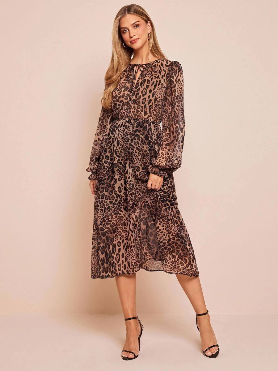Amorya Women Elegant Leopard Print Chiffon Flowy Cinched Waist A-Line Lantern Sleeve Dress,Brown Autumn Vintage Tea Party Modest Wedding Guest Outfits - Multicolor - View 1