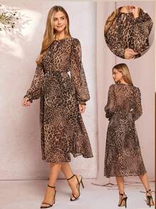 Amorya Women Elegant Leopard Print Chiffon Flowy Cinched Waist A-Line Lantern Sleeve Dress,Brown Autumn Vintage Tea Party Modest Wedding Guest Outfits - Multicolor - View 7