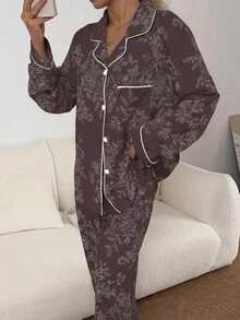 CottageSlumber Women's Bubble Crinkle Floral Print Long Sleeve Long Pants Pajama Set Sleep White Floral Floral Fall Elegant Casual Lounge - Brown - View 3