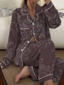 CottageSlumber Women's Bubble Crinkle Floral Print Long Sleeve Long Pants Pajama Set Sleep White Floral Floral Fall Elegant Casual Lounge - Brown - View 7