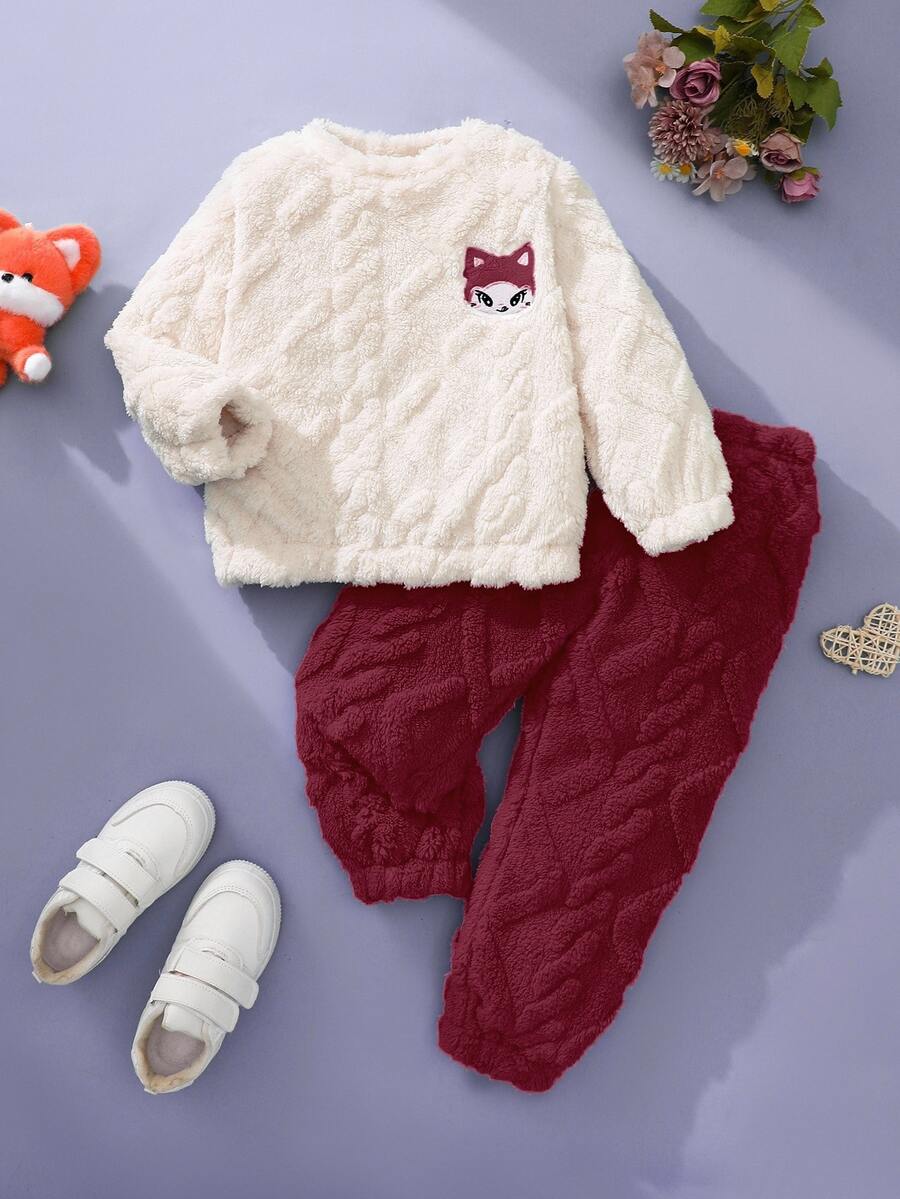 SHEIN 女童秋冬白色紫色提花抓絨套頭衫長褲套裝,刺繡圖案,4-7歲麻花編織套裝,適合幼兒園、生日、嬰兒 - 酒紅色 - 查看 1