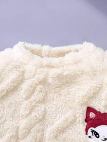 SHEIN 女童秋冬白色紫色提花抓絨套頭衫長褲套裝，刺繡圖案，4-7歲麻花編織套裝，適合幼兒園、生日、嬰兒 - 酒紅色 - 查看 6