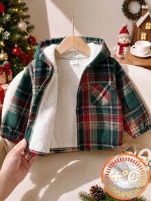 SHEIN 1件男嬰秋冬紅綠格紋拼接復古聖誕風保暖內裡經典格紋單排扣連帽長袖襯衫外套，寬鬆圓弧下擺版型，適合聖誕派對、日常外出、節日拍照、戶外散步、家庭聚會 - 彩色 - 查看 1