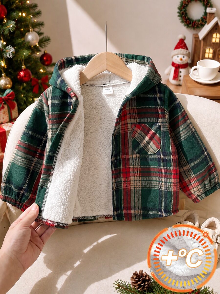 SHEIN 1件男嬰秋冬紅綠格紋拼接復古聖誕風保暖內裡經典格紋單排扣連帽長袖襯衫外套,寬鬆圓弧下擺版型,適合聖誕派對、日常外出、節日拍照、戶外散步、家庭聚會 - 彩色 - 查看 1