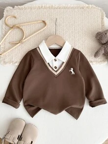 SHEIN 1件男嬰領口拼色小馬印花休閒極簡風 Polo 衫，時尚學院風針織運動衫，清新舒適，適合秋季，百搭可愛，適用於外出、度假與日常穿著 - 棕色 - 查看 4