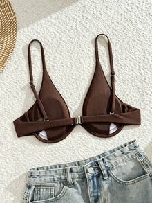 SHEIN Swim Women's Ribbed Underwire Bikini Top,Chocolate Brown,Summer,Casual,Beach Vacation,Holiday Push Up Bathing Suit Bra Tops With Built In Bra - Brown - View 3