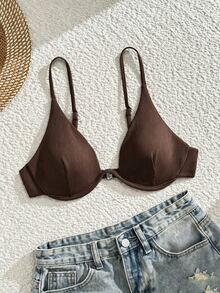 SHEIN Swim Women's Ribbed Underwire Bikini Top,Chocolate Brown,Summer,Casual,Beach Vacation,Holiday Push Up Bathing Suit Bra Tops With Built In Bra - Brown - View 4