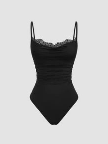 Sweetra Tall Women's Sexy Lace Patchwork Bodysuit, Spring/Summer, Tall Women - Black - View 3