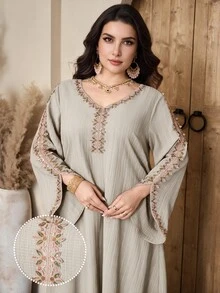 Al Najma Plus Size Women's V-Neck Floral Embellished Flare Sleeve Arabic Traditional Modest Long Dress Christening Guest Ninang Confirmation Sage Green Fall - Khaki - View 7