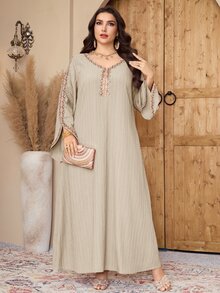 Al Najma Plus Size Women's V-Neck Floral Embellished Flare Sleeve Arabic Traditional Modest Long Dress Christening Guest Ninang Confirmation Sage Green Fall - Khaki - View 3