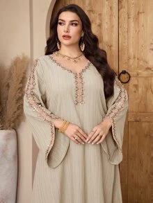 Al Najma Plus Size Women's V-Neck Floral Embellished Flare Sleeve Arabic Traditional Modest Long Dress Christening Guest Ninang Confirmation Sage Green Fall - Khaki - View 5