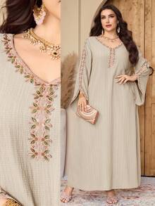 Al Najma Plus Size Women's V-Neck Floral Embellished Flare Sleeve Arabic Traditional Modest Long Dress Christening Guest Ninang Confirmation Sage Green Fall - Khaki - View 8