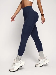 Easithlete Easithlete 女款純色口袋休閒軟身運動多功能日常旅行健身緊身內搭褲 海軍藍 夏季 - 藏蓝色 - 查看 3