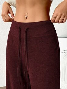 Easithlete Easithlete Women's Solid Color Drawstring Waist Wide Leg Loose Athletic Modest Pants Prom Gym Burgundy Summer - Burgundy - View 5