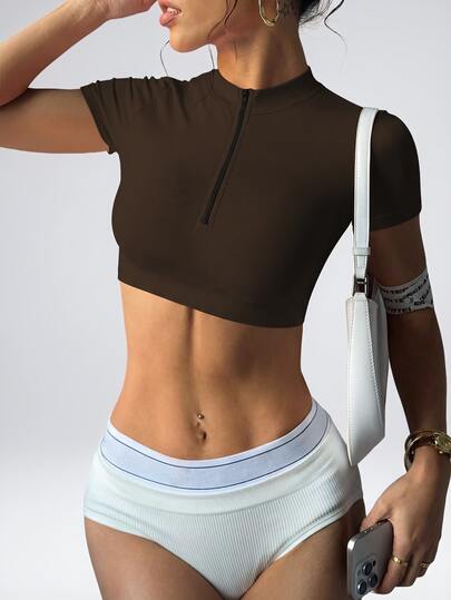 Easithlete Easithlete Women's Dark Brown Stand Collar Cropped Yoga Sports T-Shirt, Summer Athleisure Gym Clothes, Solid Color Versatile Casual Athletic Short Sleeve Top