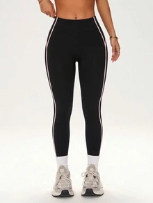 Easithlete Easithlete Women's Summer Sports Leggings, Fuchsia Pink Tight Fit, 9/10 Length, Color Block Patchwork With Piping, Regular Waist, Soft Athletic, Running, Gym - Black - View 5