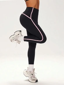 Easithlete Easithlete Women's Summer Sports Leggings, Fuchsia Pink Tight Fit, 9/10 Length, Color Block Patchwork With Piping, Regular Waist, Soft Athletic, Running, Gym - Black - View 4