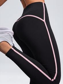 Easithlete Easithlete Women's Summer Sports Leggings, Fuchsia Pink Tight Fit, 9/10 Length, Color Block Patchwork With Piping, Regular Waist, Soft Athletic, Running, Gym - Black - View 2