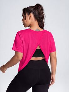 SHEIN Sports 大尺碼純色後開衩運動T恤 - 玫紅色 - 查看 1