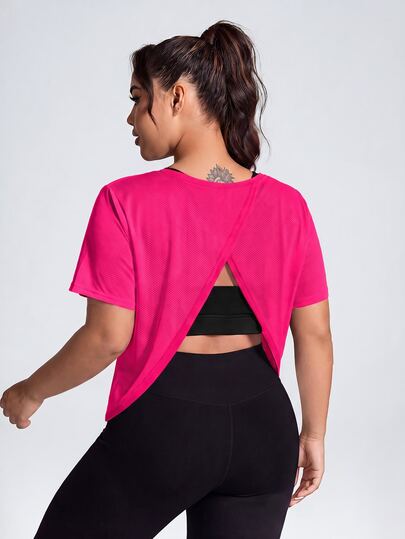 Easithlete Plus Size Solid Color Back Split Sports T-Shirt