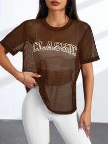 Easithlete Easithlete 女士网眼镂空字母印花短袖圆领运动T恤 - 棕色 - 查看 6