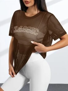 Easithlete Easithlete 女士网眼镂空字母印花短袖圆领运动T恤 - 棕色 - 查看 5