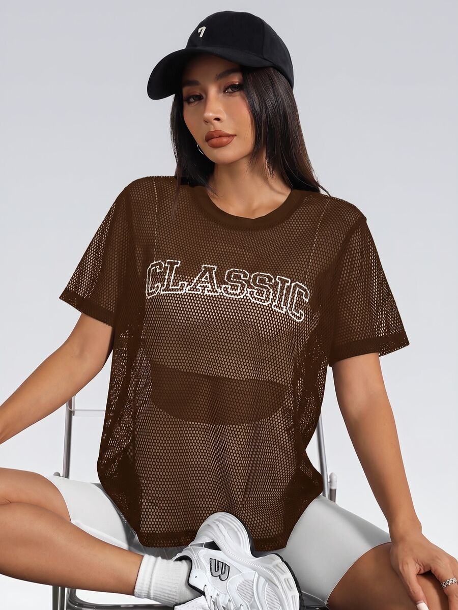 Easithlete Easithlete 女士网眼镂空字母印花短袖圆领运动T恤