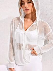 Easithlete Easithlete Women's Solid Color Drop Shoulder Long Sleeve Zip-Up Drawstring Hooded Sports Jacket - White - View 6