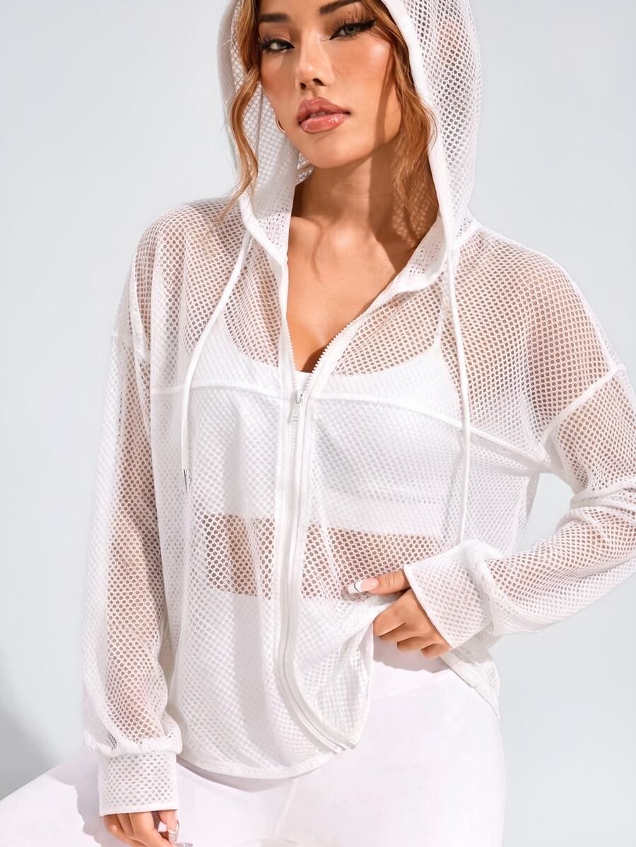 Easithlete Easithlete Women's Solid Color Drop Shoulder Long Sleeve Zip-Up Drawstring Hooded Sports Jacket - White - View 1